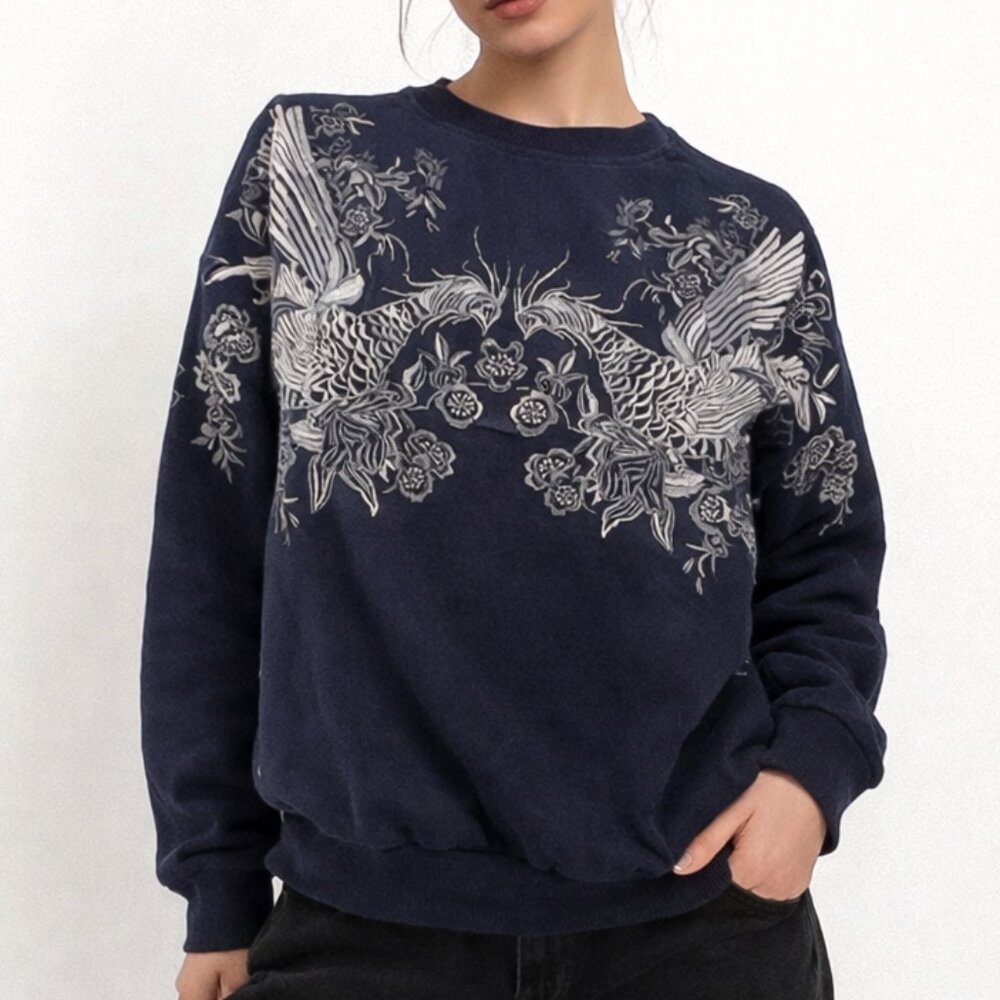 ASOS Sweatshirt Size US 2 Blue Embroidered Bird Floral Top Crew Neck Stylish